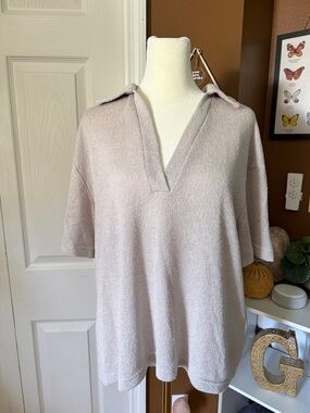 H&M Taupe V-Neck Terry Cloth Polo Top / Size Oversized M